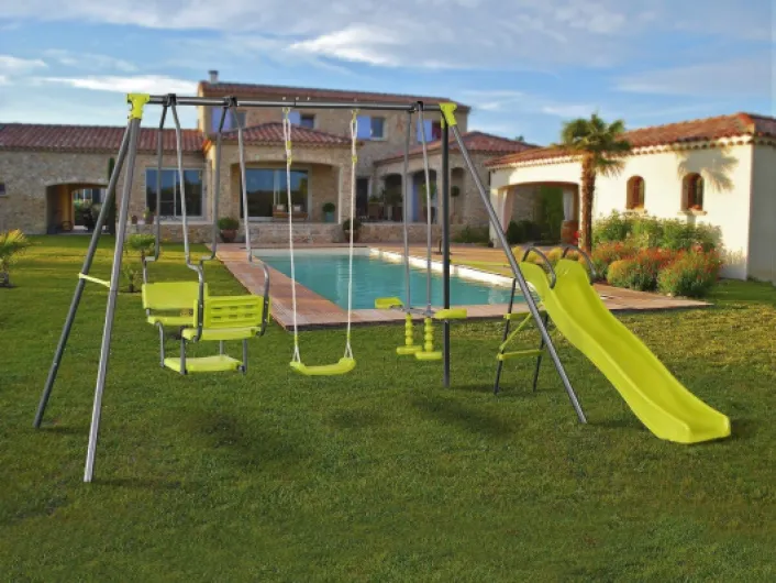 Portique en métal avec Toboggan Ludo II avec 4 agrès - Vert